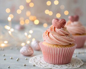 Poster - two cupcakes with pink frosting and a pink heart-shaped decoration on top. They are placed on a lace doily with a soft, bokeh background of fairy lights.