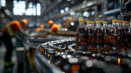 Poster - inside a busy factory, workers in safety gear fill and package beverage bottles on a conveyor belt w
