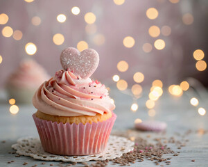 Poster -  a cupcake with pink frosting and a heart-shaped decoration on top, placed on a white surface with a blurred background of lights.