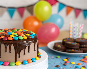 Aufkleber - a cake with colorful candies on top, placed on a white plate, surrounded by colorful balloons and scattered candies.