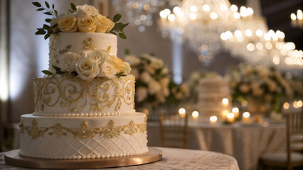 Poster - a ornate, multi-tiered wedding cake decorated with white frosting, gold accents, and white and yellow flowers, with lights and decorations in the background.