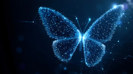 Aufkleber - Digital Butterfly: A radiant blue butterfly crafted from intricate digital particles takes flight against a deep, enigmatic backdrop, representing transformation and the beauty of technology.