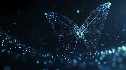 Aufkleber - Digital Butterfly: A mesmerizing digital artwork of a butterfly composed of interconnected points of light, floating against a dark, ethereal backdrop, representing the beauty and fragility of nature.