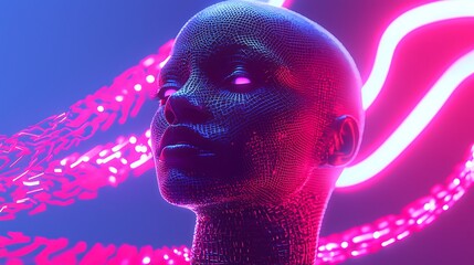 Poster - Futuristic AI head, vibrant neon glow, digital art
