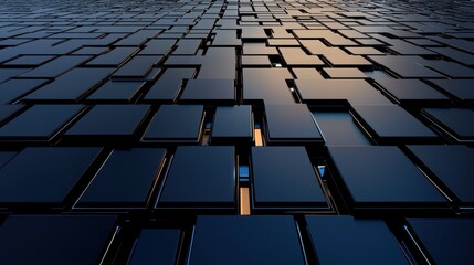 Poster - A detailed arrangement of dark rectangular blocks creates an intriguing abstract pattern. The blocks reflect a warm glow as twilight approaches, enhancing their geometric design