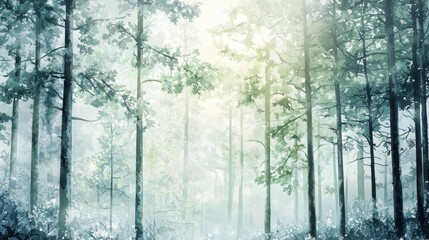 Wall Mural - amidst the towering trees, soft light fills the forest at dawn, casting a serene ambiance. the gentl