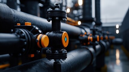 Poster - Large industrial pipes and valves with orange accents are positioned in a factory setting at dusk. The atmosphere highlights the intricate design and functionality of the equipment