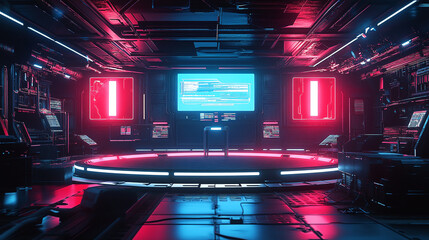 Poster - Sci Fi Futuristic Podium. Futuristic Stage neon. 3D rendering. Cyberpunk podium. Futuristic technology podium. tech podium