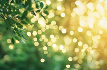 Fototapete - Blurred bokeh background with green tree leaves and sunlight in spring, summer nature background. Abstract blurred light yellow background.