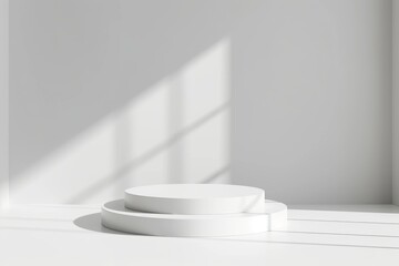 Poster - Minimalist white two-tiered display stand in a sunlit room, perfect for product showcasing.