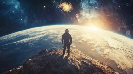An astronaut stands on a rocky surface overlooking space and earth