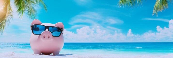 Wall Mural - Piggy Bank Vacation Savings Tropical Beach - A piggy bank wearing sunglasses relaxes on a tropical beach, symbolizing saving for travel, summer fun, financial security, relaxation, and wealth