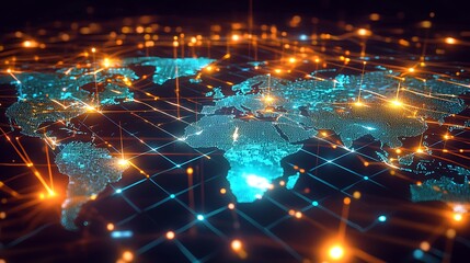 Poster - Global Network Connection.  A digital representation of the world map, overlaid with glowing lines and points, signifying global interconnectedness and data flow.  
