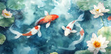 Koi Pond: A serene watercolor illustration captures the beauty of koi fish swimming in a pond surrounded by water lilies. A sense of tranquility and beauty.