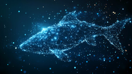 Aufkleber - Digital Shark: A futuristic digital representation of a shark, constructed from glowing blue particles and interconnected lines, swimming through a dark, cosmic background.