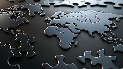Poster - Global Puzzle.  A 3D rendering of a world map composed of interconnected puzzle pieces.  The pieces are metallic, dark grey, and appear to form a globe. 