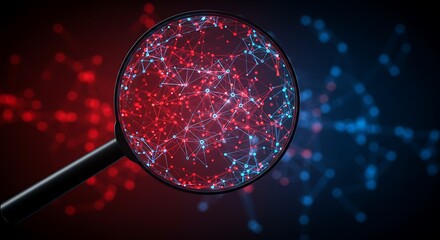 Poster - Magnifying Glass Inspecting Digital Network Red and Blue Abstract Background 3D Render
