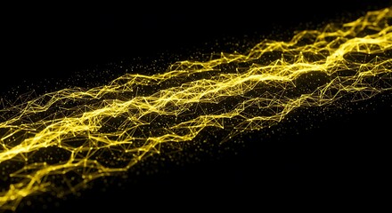 Fototapete - Golden Network Flowing Interconnected on Dark Background Abstract 3D Render