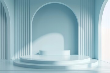 Poster - Minimalist pastel blue display podium with arches and pillars, ideal for product showcase or presentation.