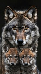  Gray wolf and pups portrait