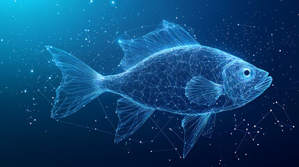Aufkleber - Digital Aquatic Wonder: A stunning depiction of a fish crafted from interconnected digital elements swims through an ethereal, bright blue space. A fusion of technology and marine life.