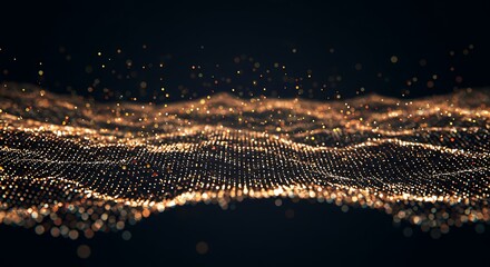 Fototapete - Golden Particles Flowing Mesh Elegant Abstract on Dark Backdrop Bokeh Effect