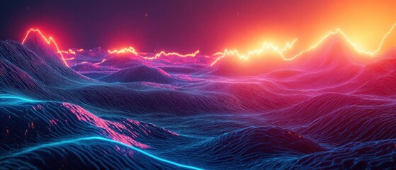 Poster - Abstract neon landscape with glowing mountains and vibrant horizon, showcasing a futuristic and surreal digital art concept