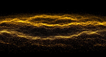 Fototapete - Golden Particle Wave Flowing Shimmering Digital Black Background Bokeh Effect