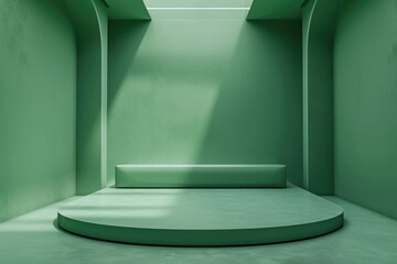 Poster - Minimalist green room with a circular platform and rectangular block, ideal for product display or presentation.