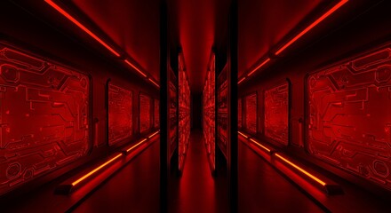 Aufkleber - Futuristic Red Neon Corridor Glowing Tunnel Dark Sci-Fi Style 3D Render