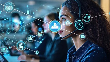 Poster - Network of connections illustrating communication through modern technology in a diverse workspace, network of connections with icons over diverse colleagues talking in office