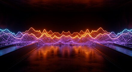 Fototapete - Vibrant Digital Waveform Pulsating on Dark Surface Futuristic Neon Sound Visualizer 3D Render