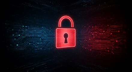 Poster - Glowing Red Padlock Cyber Security on Digital Circuit Board Abstract Data Protection Tech Background