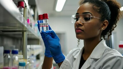 Poster - Researcher selects an ampoule containing a sample in a laboratory setting, researcher selects an ampoule with a sample of the vaccine