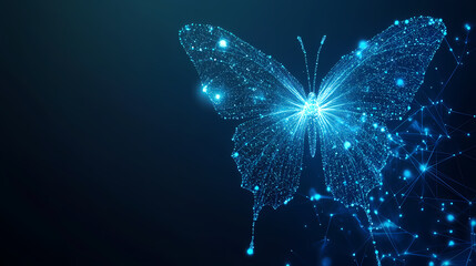 Aufkleber - Digital Metamorphosis: A luminescent butterfly, rendered in radiant blue, emerges from a field of interconnected points against a deep, dark background, symbolizing transformation and innovation.