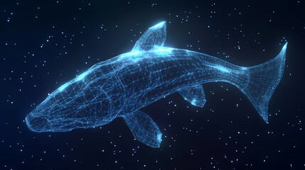Aufkleber - Digital Fish: A mesmerizing digital rendering of a fish, formed from interconnected lines and glowing particles, floats gracefully against a deep blue backdrop.
