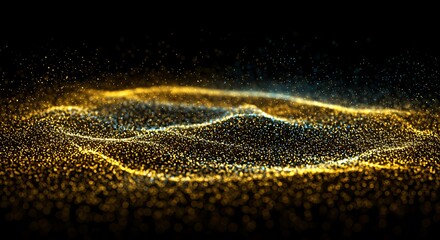 Poster - golden particle wave shimmering flow on dark elegant background digital bokeh