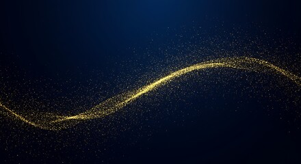 Poster - Golden Particles Wave Flowing Shimmering on Dark Blue Background Elegant Abstract Digital Art