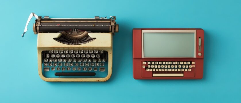 Vintage typewriter and retro computer on blue background Concept of technology evolution, old versus new, and creative writing