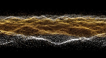 Aufkleber - Golden Dotted Waves Flowing Abstract Digital Art on Black Background