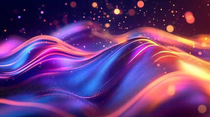 Poster - A rotating holographic logo with glitch effects, floating in a dark, futuristic environment
