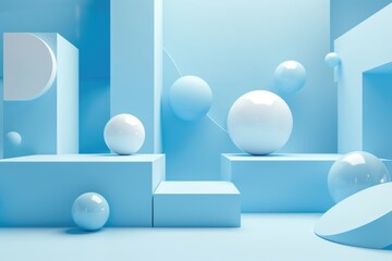 Poster - Abstract 3D rendering of pastel blue geometric shapes and spheres, creating a minimalist and modern composition.