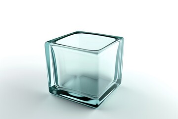 Poster - A transparent, cubic glass container, possibly a vase or decorative object, sits on a white background.
