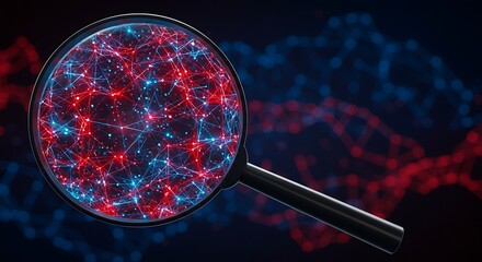 Poster - Magnifying Glass Examining Digital Network Connections Data Analysis Technology Background Red and Blue Nodes 3D Render