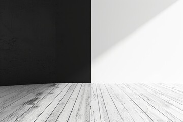 Poster - Minimalist room interior design with black and white walls and a whitewashed wooden floor.