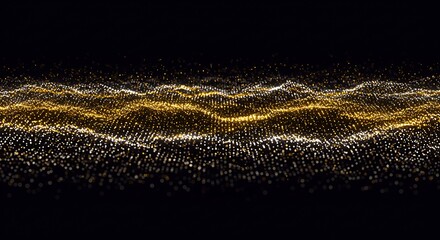 Fototapete - Golden Particles Wave Flowing Shimmering on Dark Background Digital Futuristic Render
