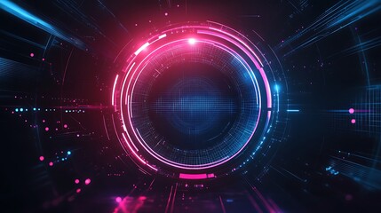 Poster - a rotating holographic logo surrounded by abstract digital shapes, set against a sleek, black backgr
