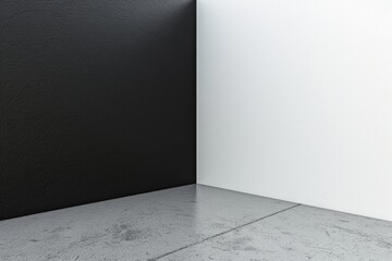 Poster - A minimalist corner featuring black and white walls meeting a grey concrete floor.