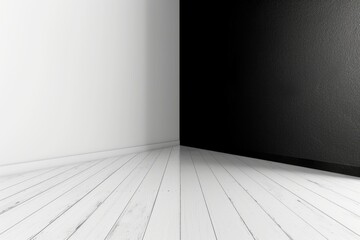 Poster - A minimalist corner with whitewashed wood flooring, meeting white and black walls, creating a stark contrast.