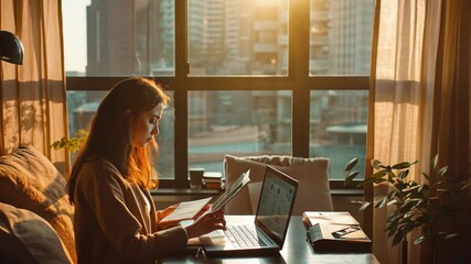 Poster - Businesswoman organizes documents while working from a home office during sunset in urban environment, business woman with documents starting work on a laptop in her apartment